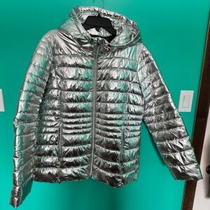 Silver Shiny Metallic Puffer Jacket with Hood